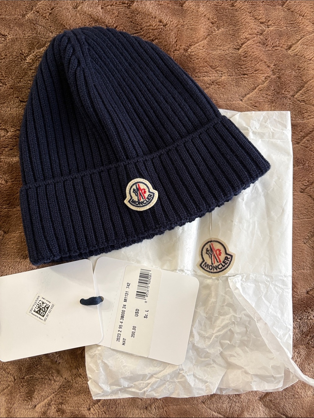 Moncler Navy Ribbed Cuff Beanie with Logo Patch